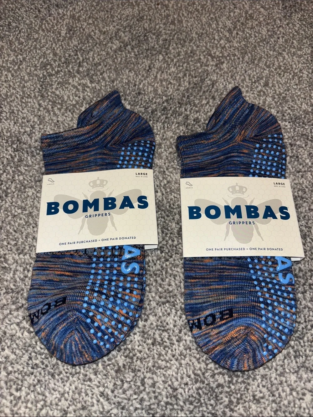 Bombas women’s Gripper No-Show Socks Blue/ Orange Marled size large(women’s 6-9)